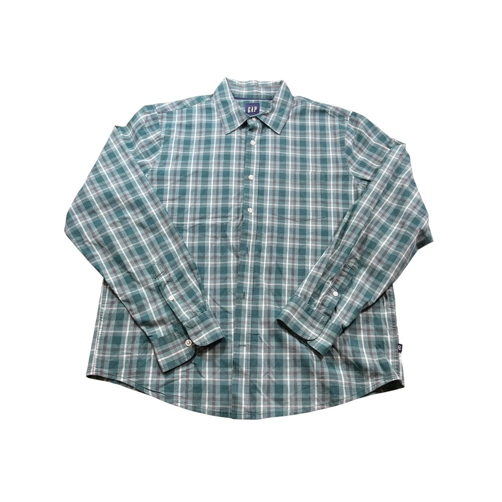GAP Button Down Shirt Mens L Green Plaid Long Sleeve Casual Cotton Everyday